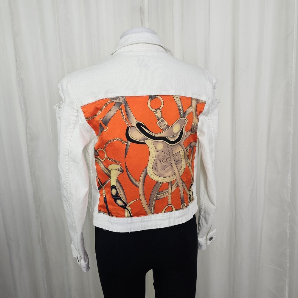 HTrailz Custom White Denim Jean Jacket Orange Equestrian Back Preppy Boho Horse
